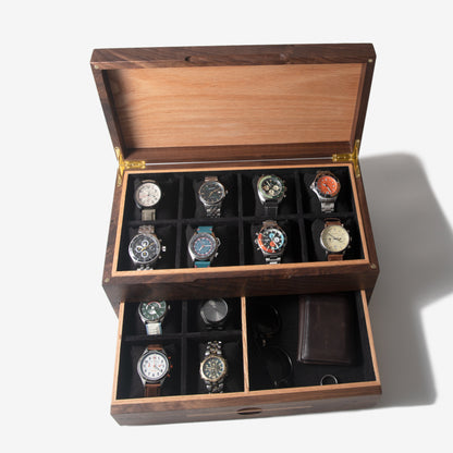 Watch Box with Drawer - Black Walnut and Oak - 12 to 16 Watch Compartments - Hooyah Woodworks LLC