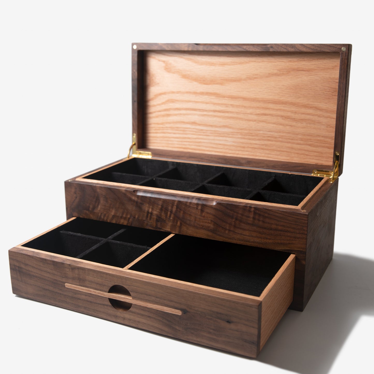 Watch Box with Drawer - Black Walnut and Oak - 12 to 16 Watch Compartments - Hooyah Woodworks LLC