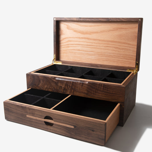 Watch Box with Drawer - Black Walnut and Oak - 12 to 16 Watch Compartments - Hooyah Woodworks LLC