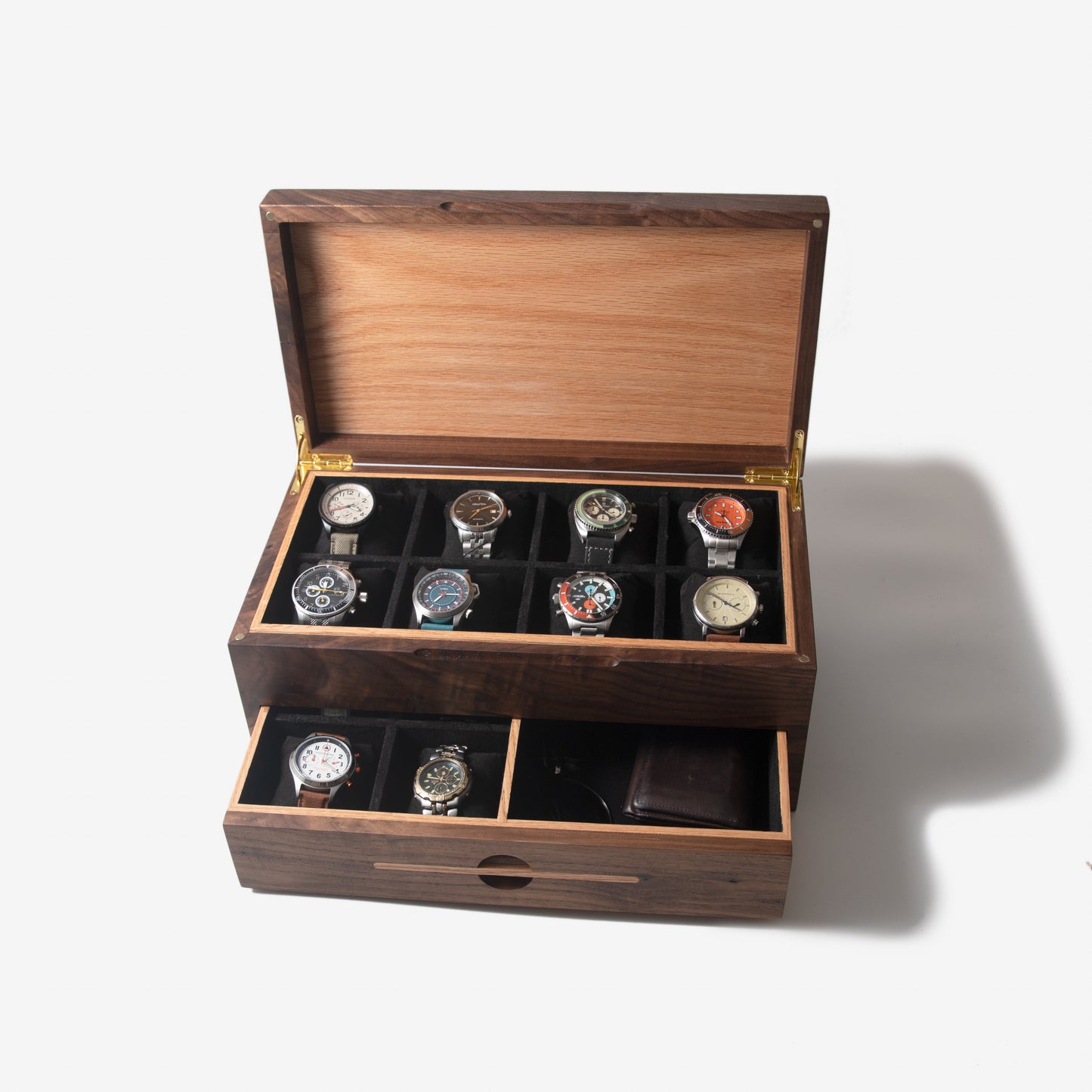 Watch Box with Drawer - Black Walnut and Oak - 12 to 16 Watch Compartments - Hooyah Woodworks LLC