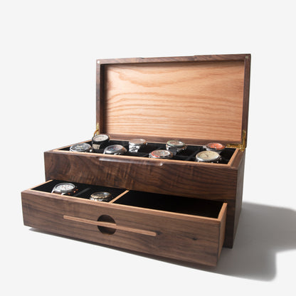 Watch Box with Drawer - Black Walnut and Oak - 12 to 16 Watch Compartments - Hooyah Woodworks LLC