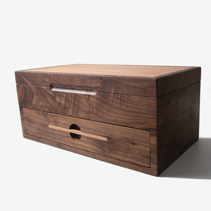 Watch Box with Drawer - Black Walnut and Oak - 12 to 16 Watch Compartments - Hooyah Woodworks LLC