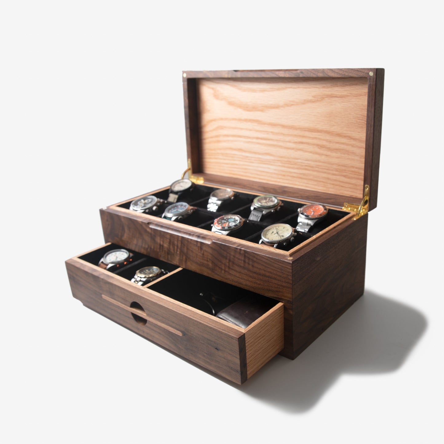 Watch Box with Drawer - Black Walnut and Oak - 12 to 16 Watch Compartments - Hooyah Woodworks LLC