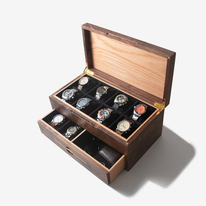 Watch Box with Drawer - Black Walnut and Oak - 12 to 16 Watch Compartments - Hooyah Woodworks LLC