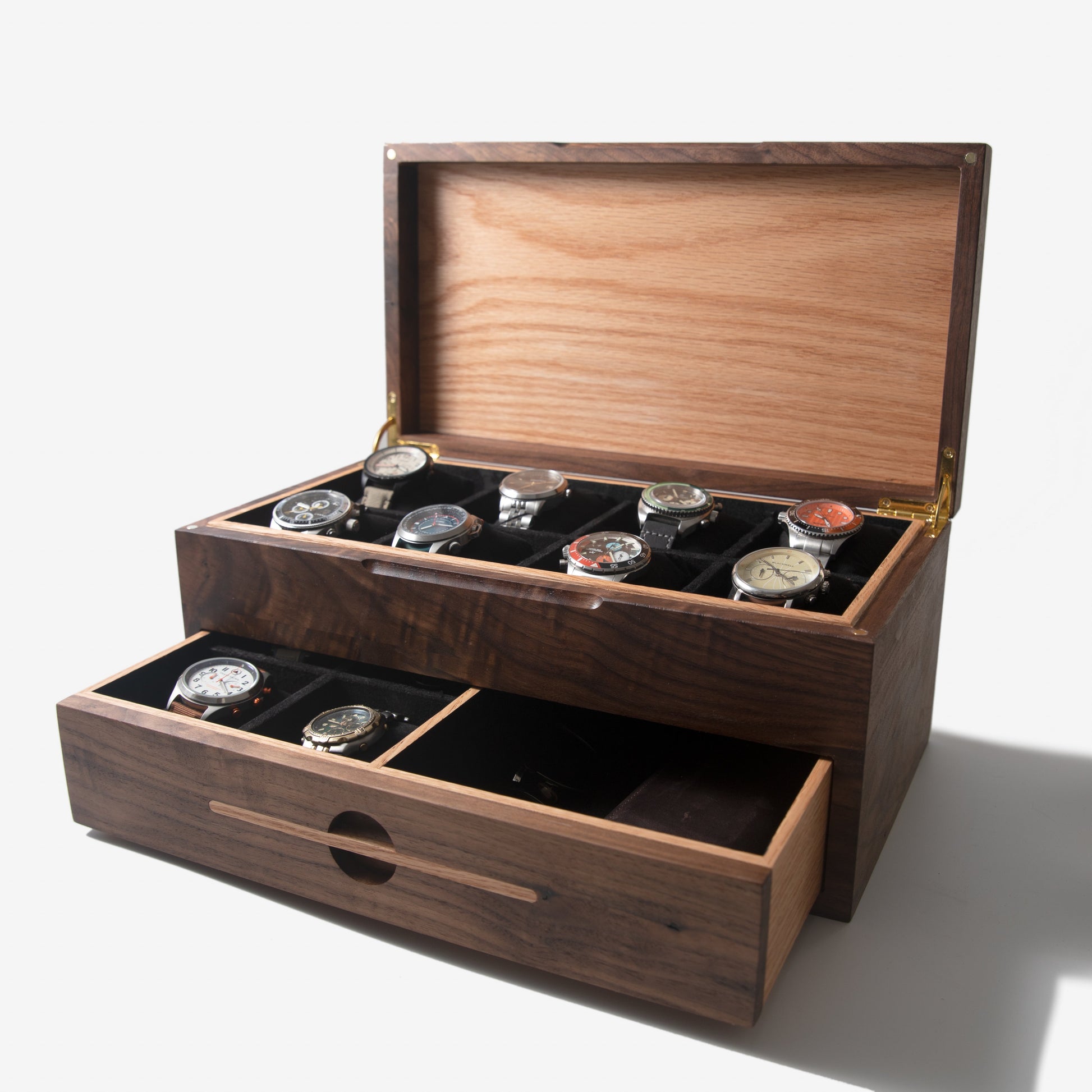 Watch Box with Drawer - Black Walnut and Oak - 12 to 16 Watch Compartments - Hooyah Woodworks LLC