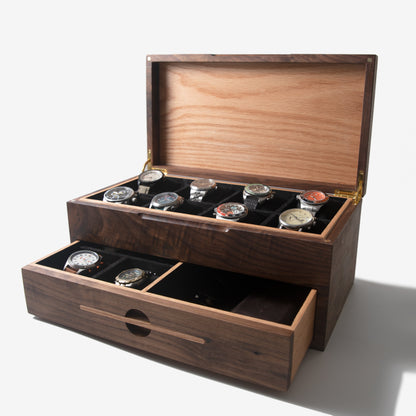 Watch Box with Drawer - Black Walnut and Oak - 12 to 16 Watch Compartments - Hooyah Woodworks LLC