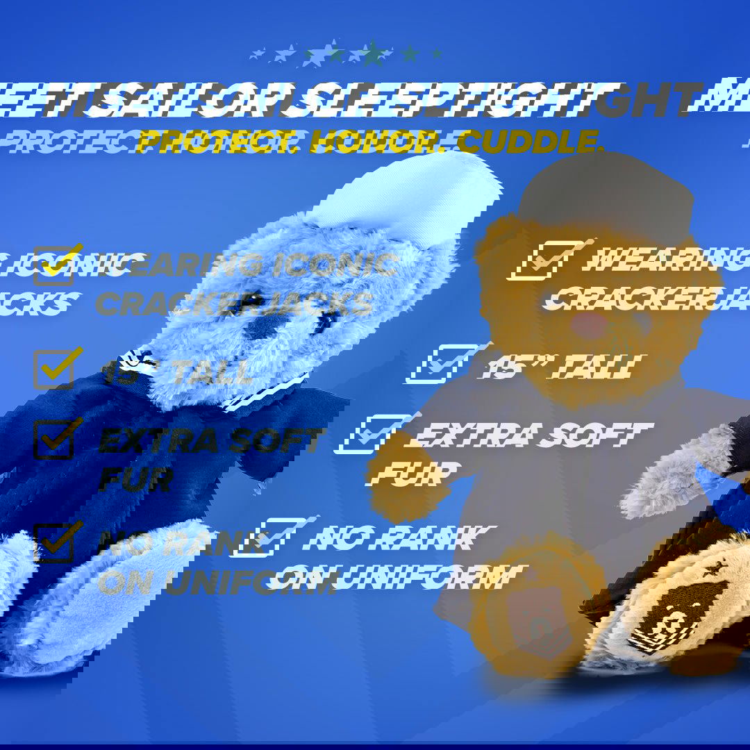 Teddy bear dressed as a sailor with promotional text on a blue background