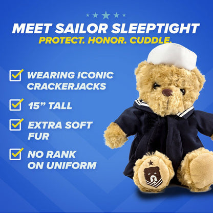Teddy bear dressed as a sailor with promotional text on a blue background
