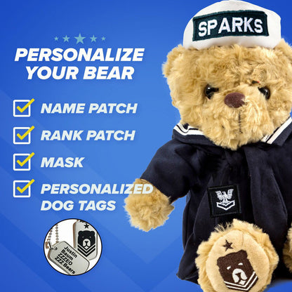 Teddy bear in a navy uniform with customizable options on a blue background
