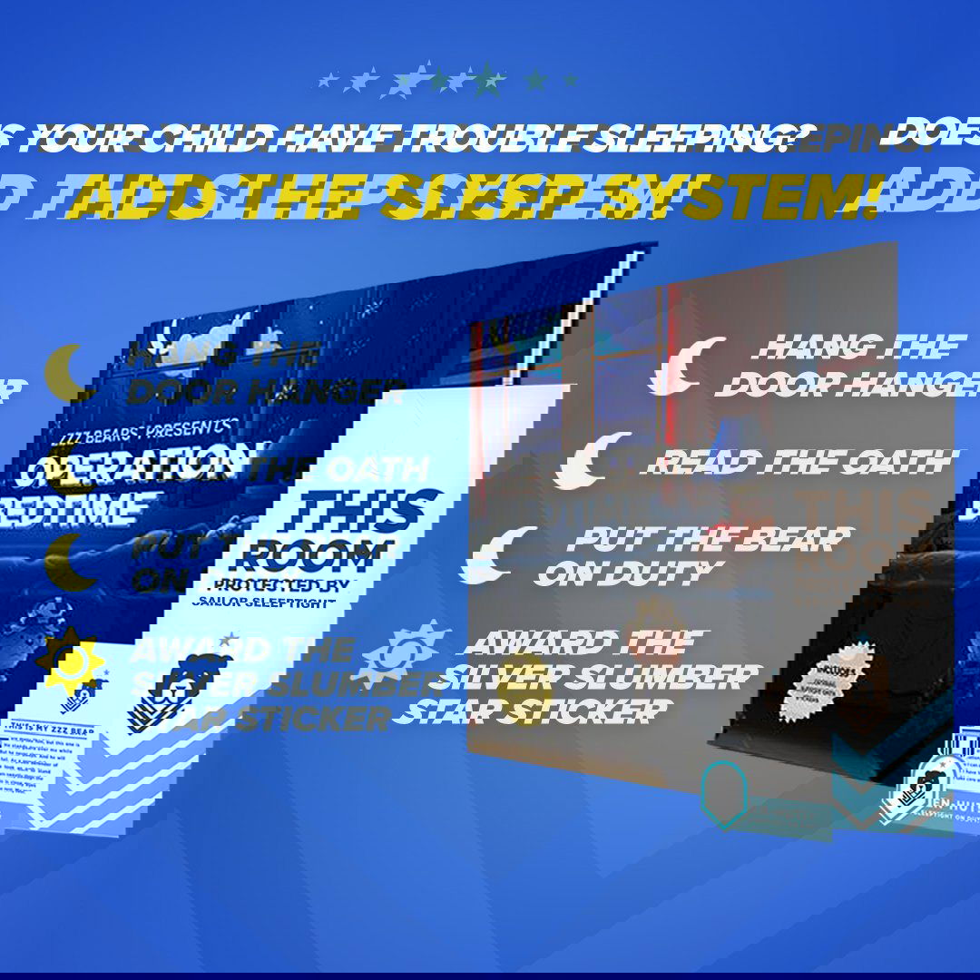 Advertisement for a sleep system with product packaging and text on a blue background