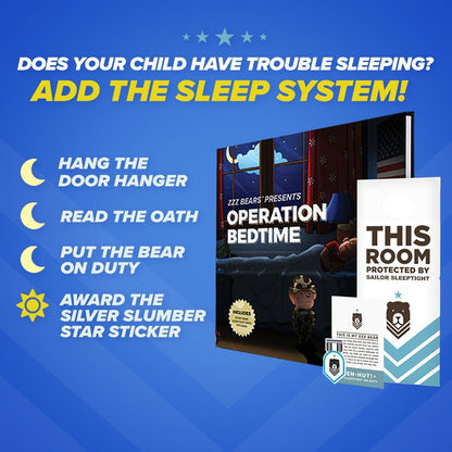 Advertisement for a sleep system with product packaging and text on a blue background