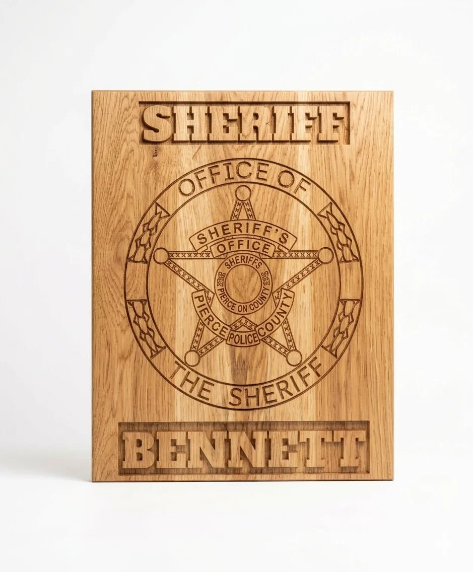 Custom engraved military retirement plaque, badge wall display — Hooyah Woodworks