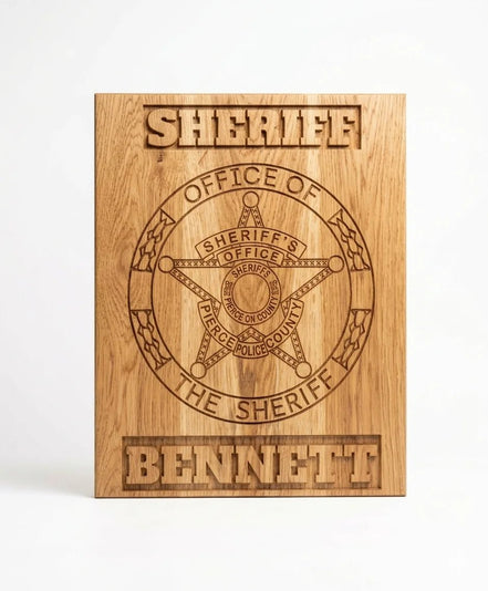 Custom engraved military retirement plaque, badge wall display — Hooyah Woodworks