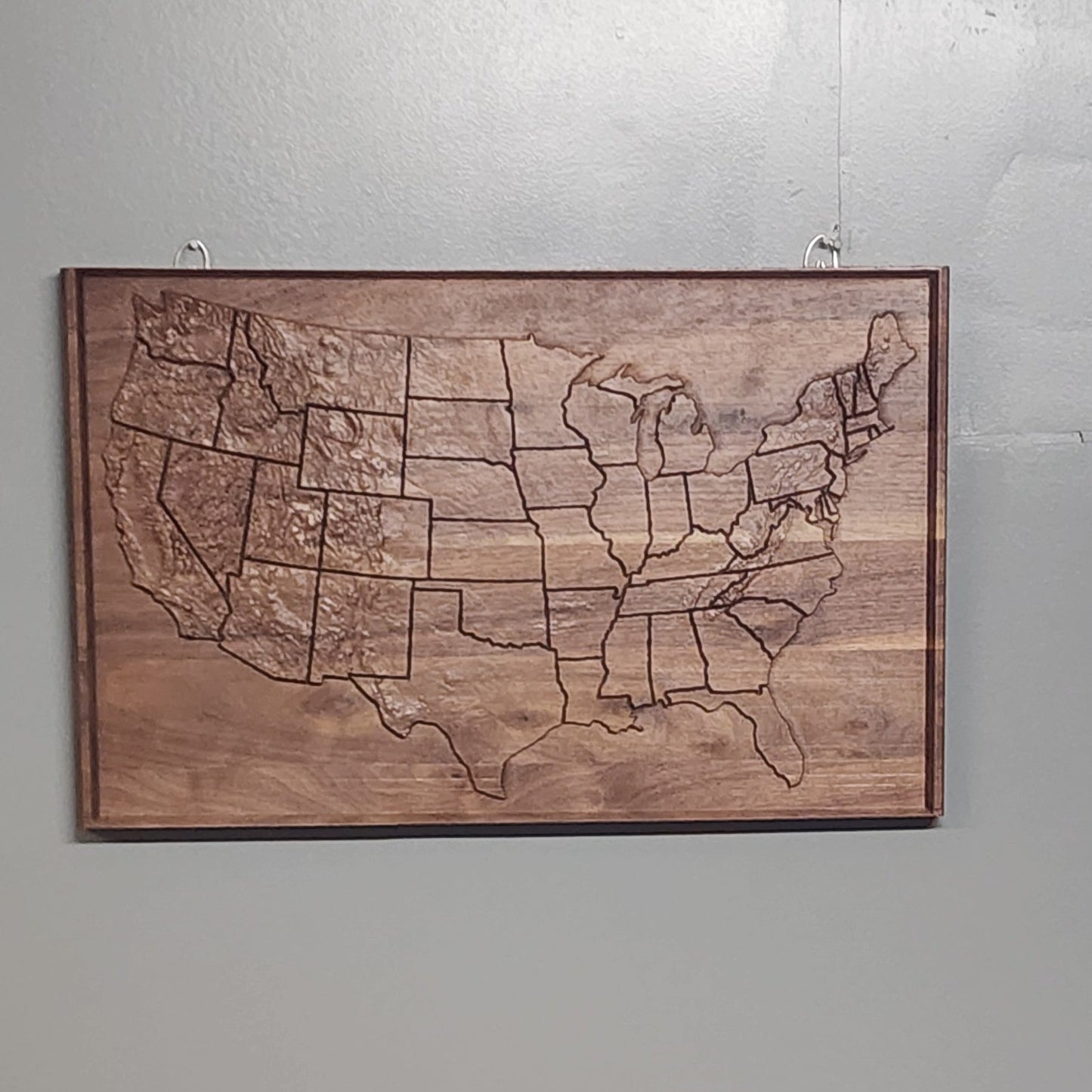 Topographic map of united states wood sign carved in Walnut