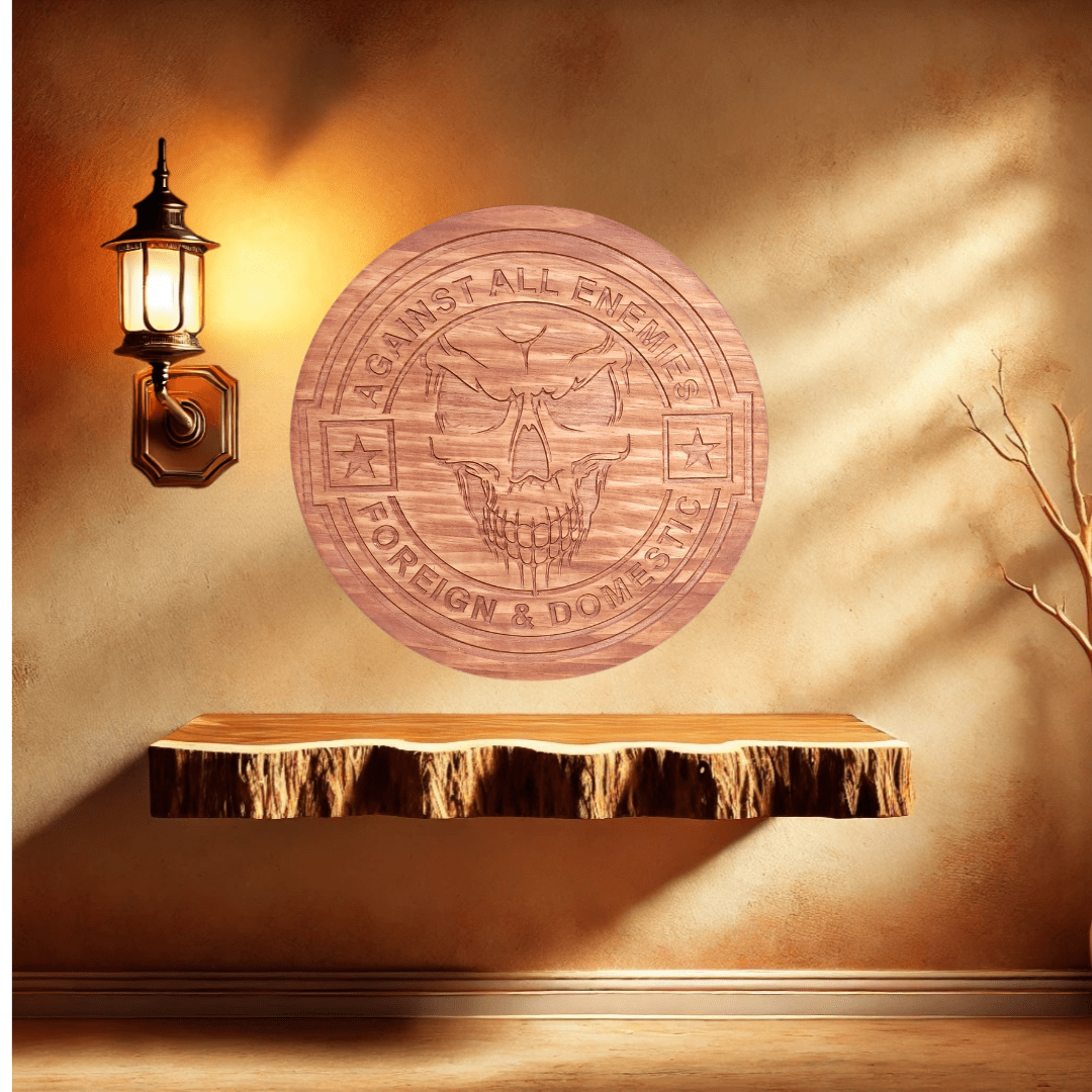 Against all enemies skull sign.
