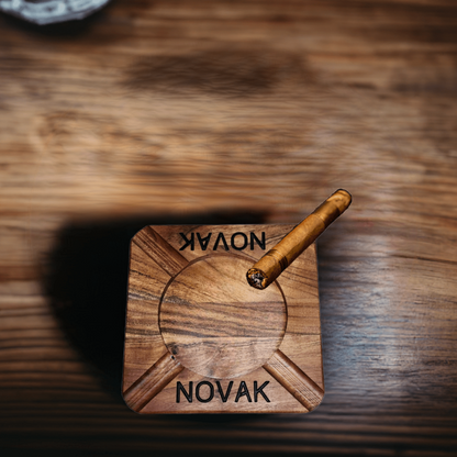 Cigar ash tray made from wood and personalized with last name