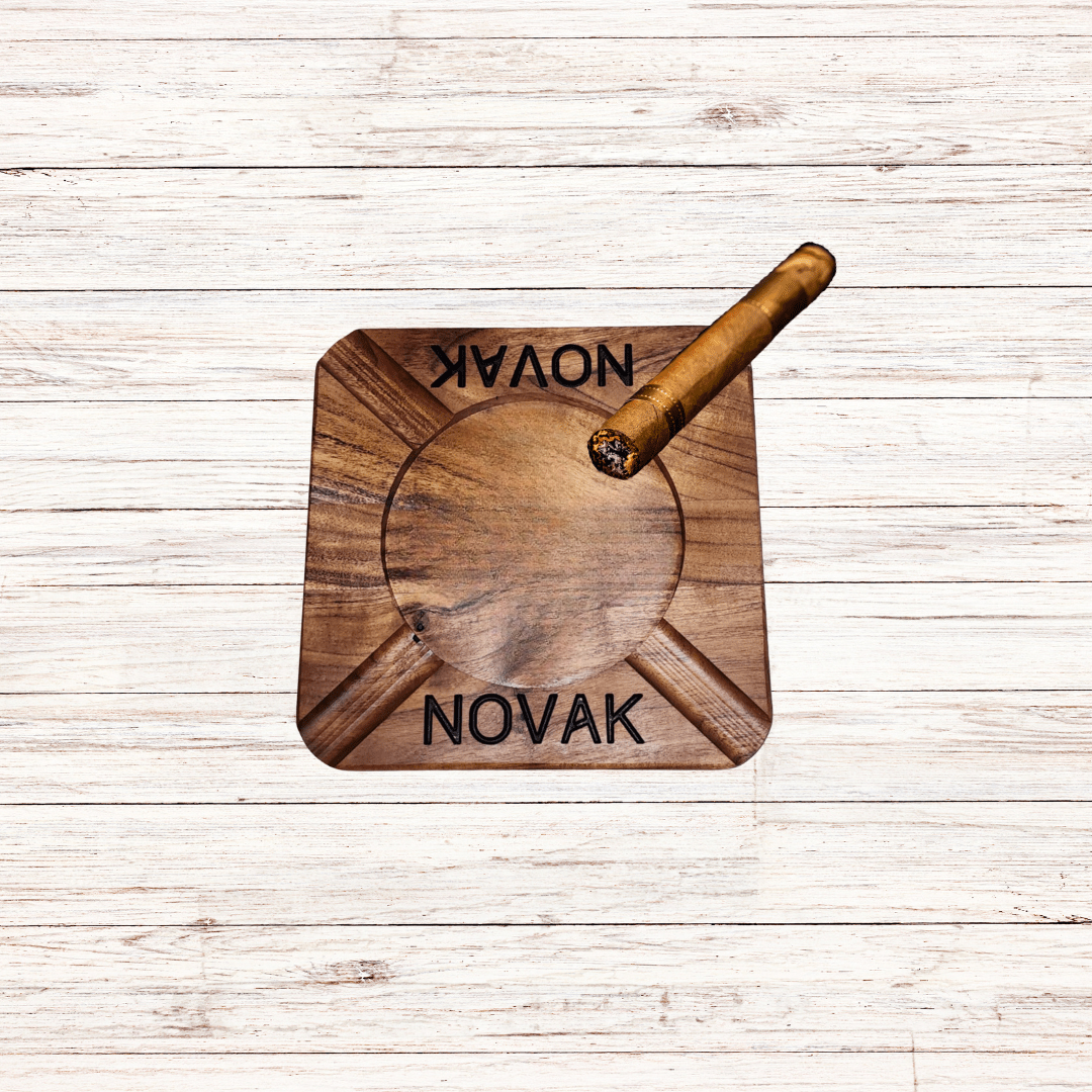 Cigar ash tray made from wood and personalized with last name