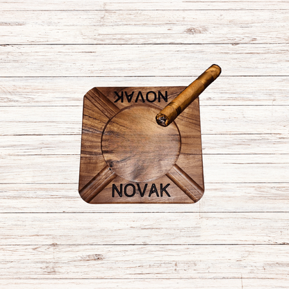 Cigar ash tray made from wood and personalized with last name