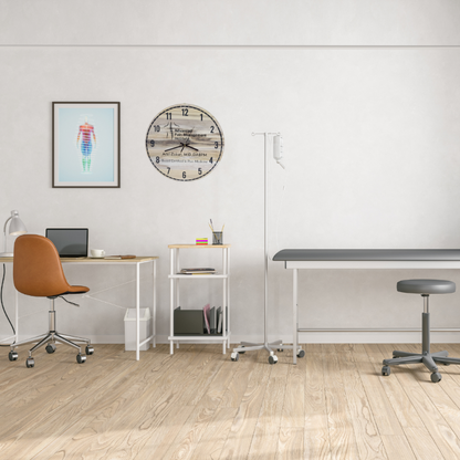 Modern office space with a desk, chair, and wall clock.