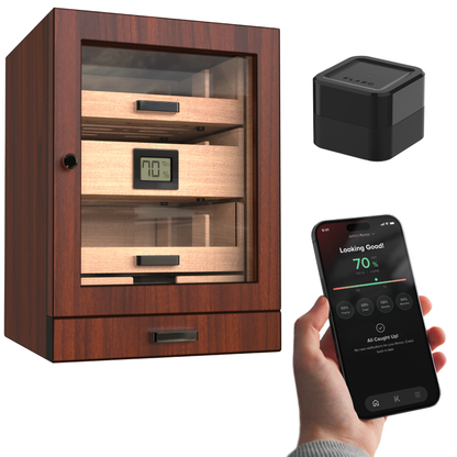 Wooden humidor with digital display, black humidity control device, and smartphone app on a white background