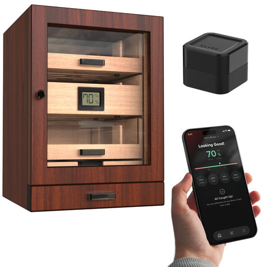 Wooden humidor with digital display, black humidity control device, and smartphone app on a white background