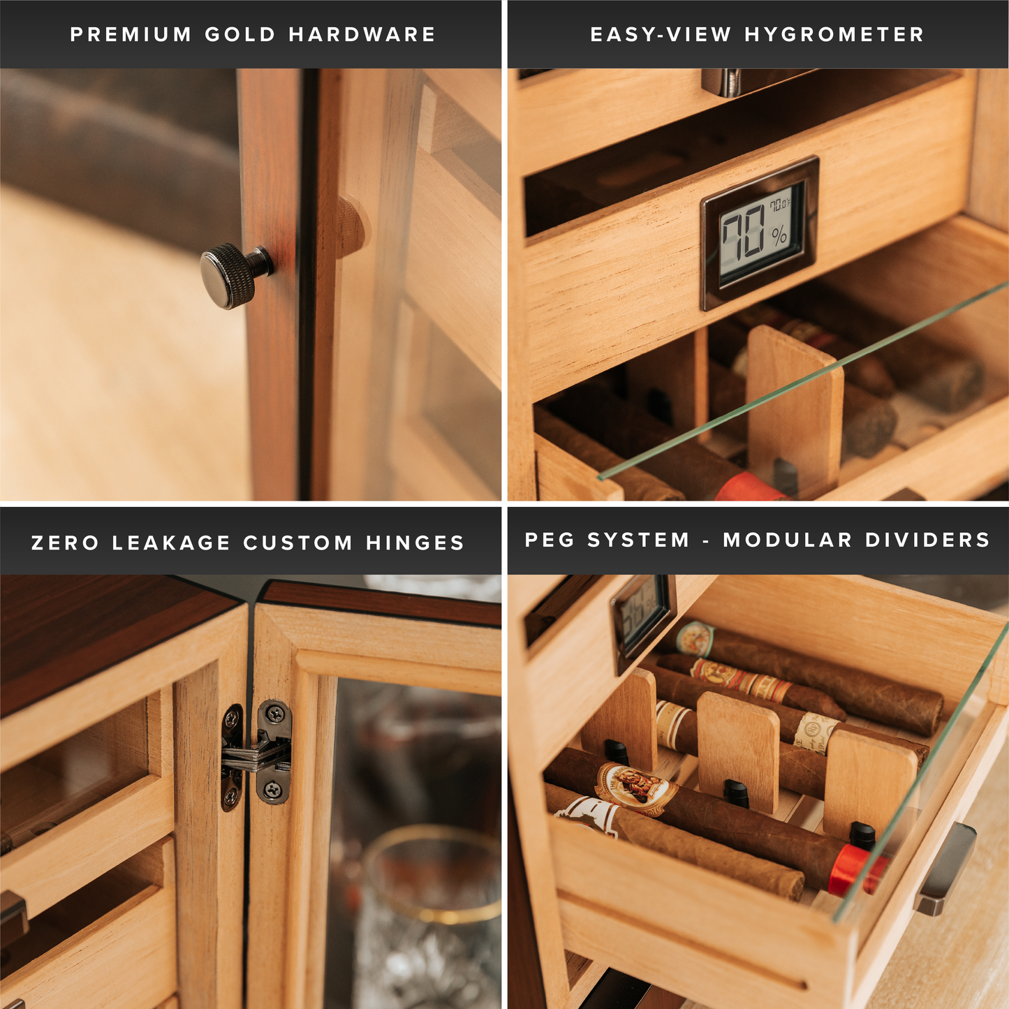 Cigar humidor with features highlighted including premium gold hardware, easy-view hygrometer, zero leakage custom hinges, and peg system modular dividers.