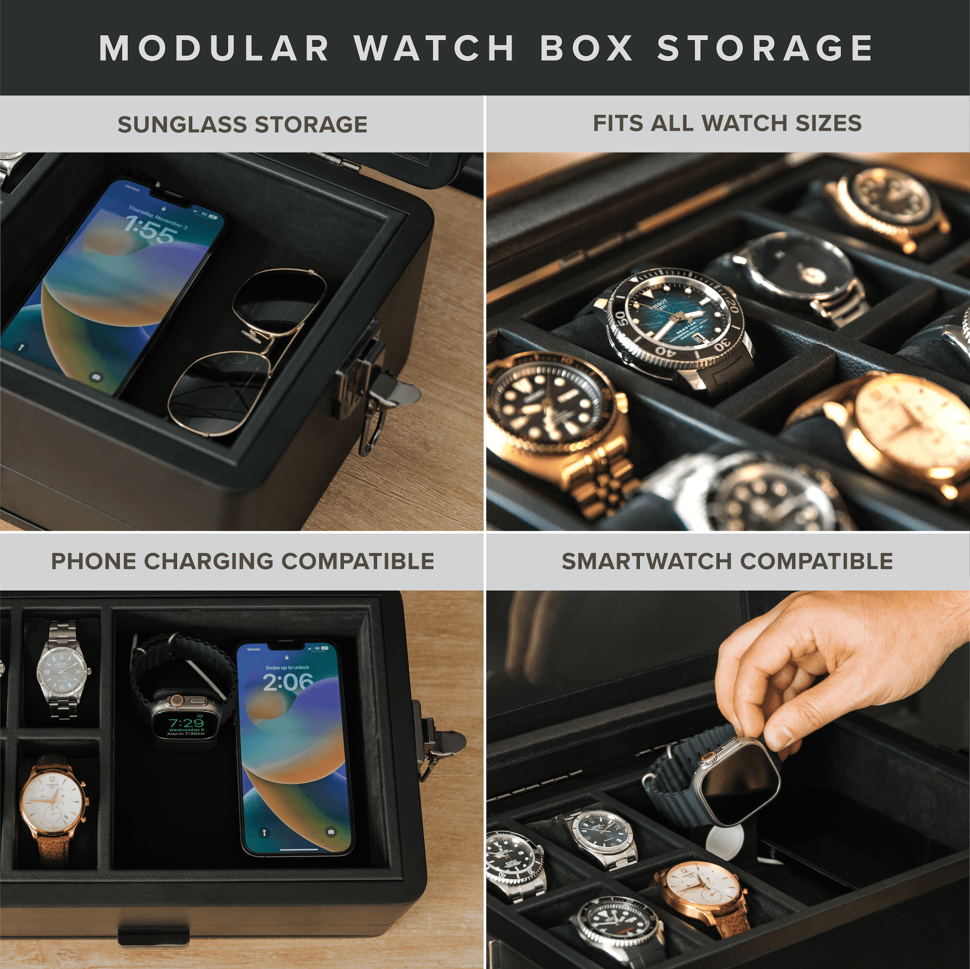 Modular watch box storage with sunglasses, phone, and watches.