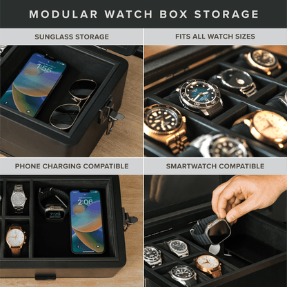 Modular watch box storage with sunglasses, phone, and watches.