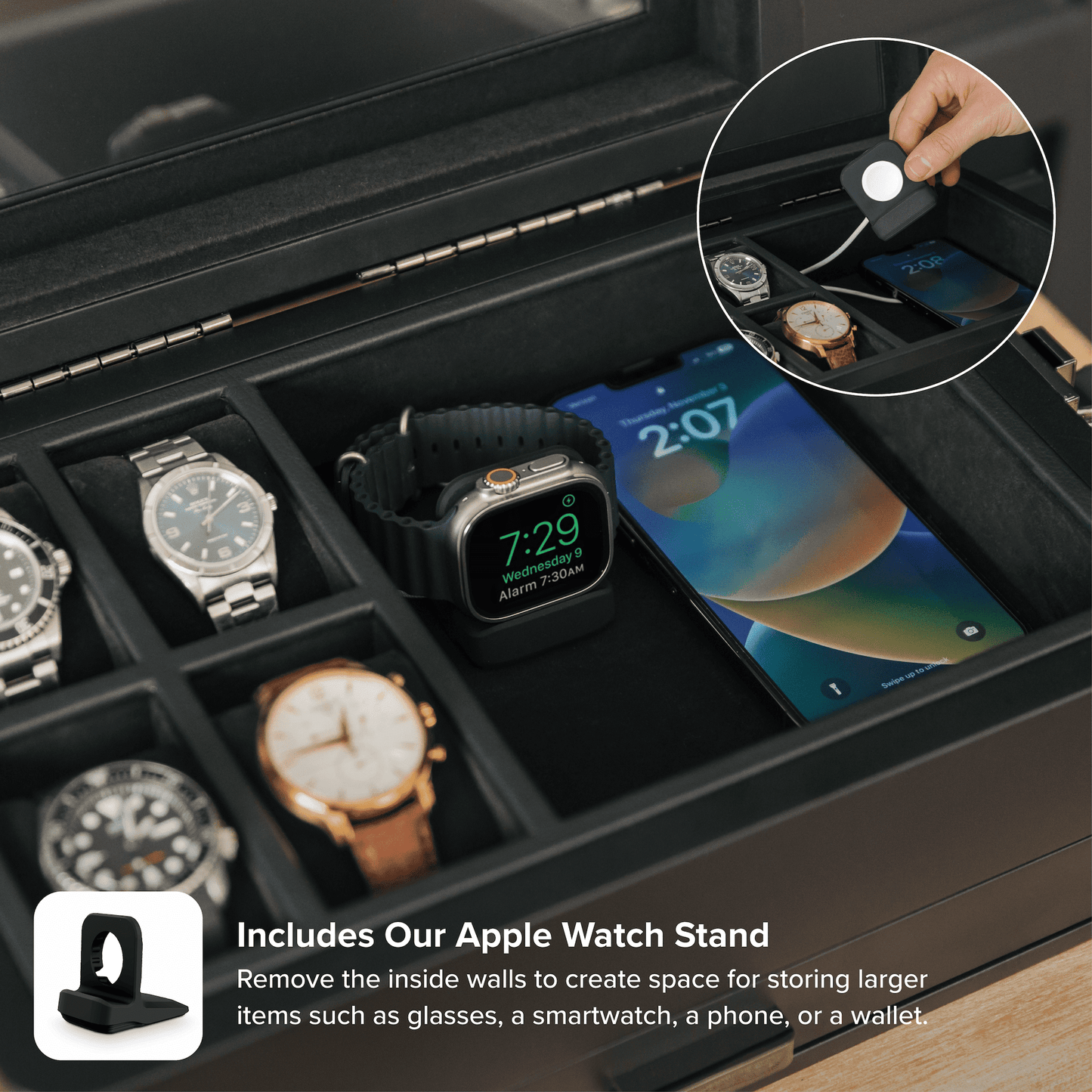 Black watch box with multiple watches and an Apple Watch, featuring an Apple Watch stand.