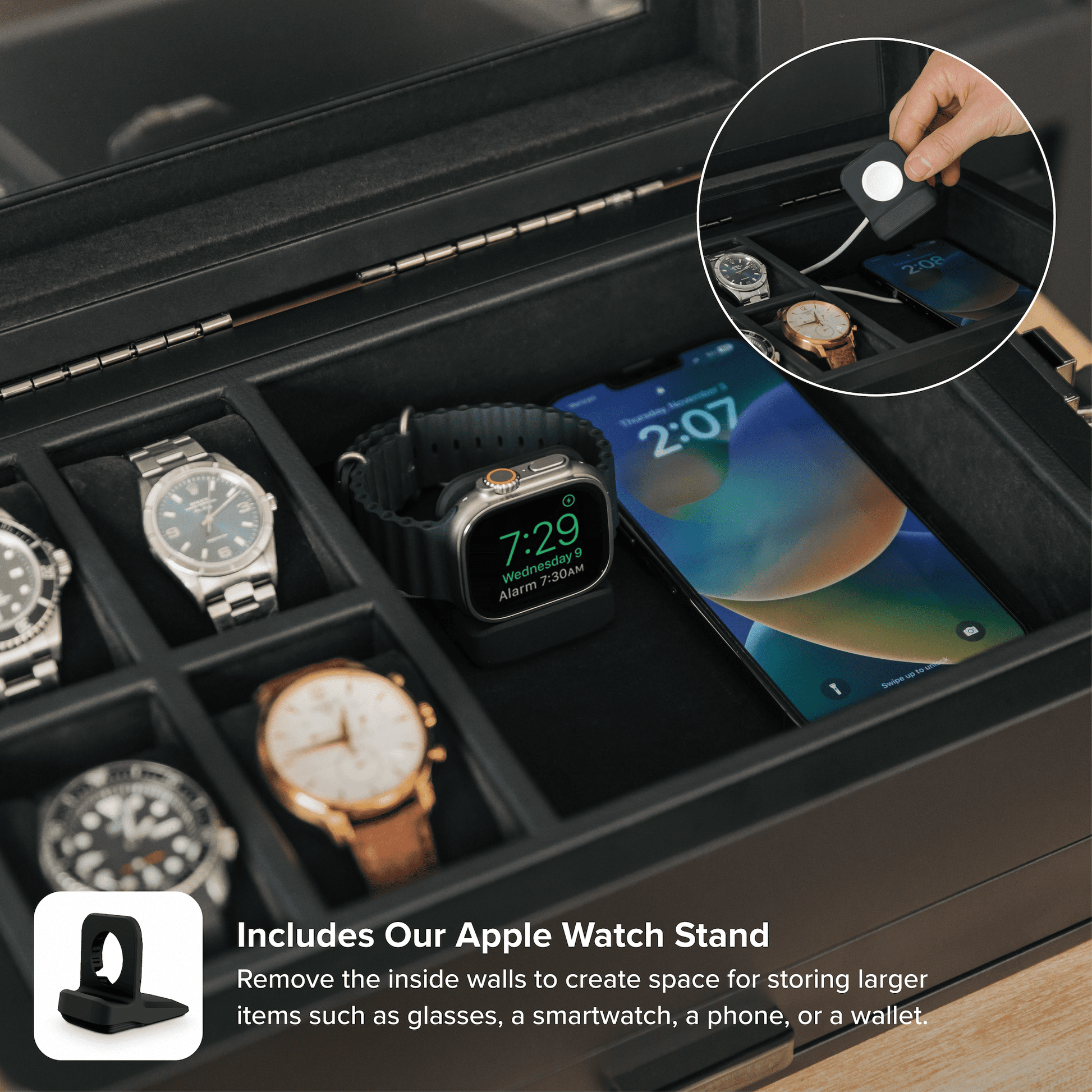 Black watch box with multiple watches and an Apple Watch, featuring an Apple Watch stand.