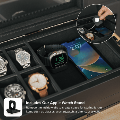 Black watch box with multiple watches and an Apple Watch, featuring an Apple Watch stand.