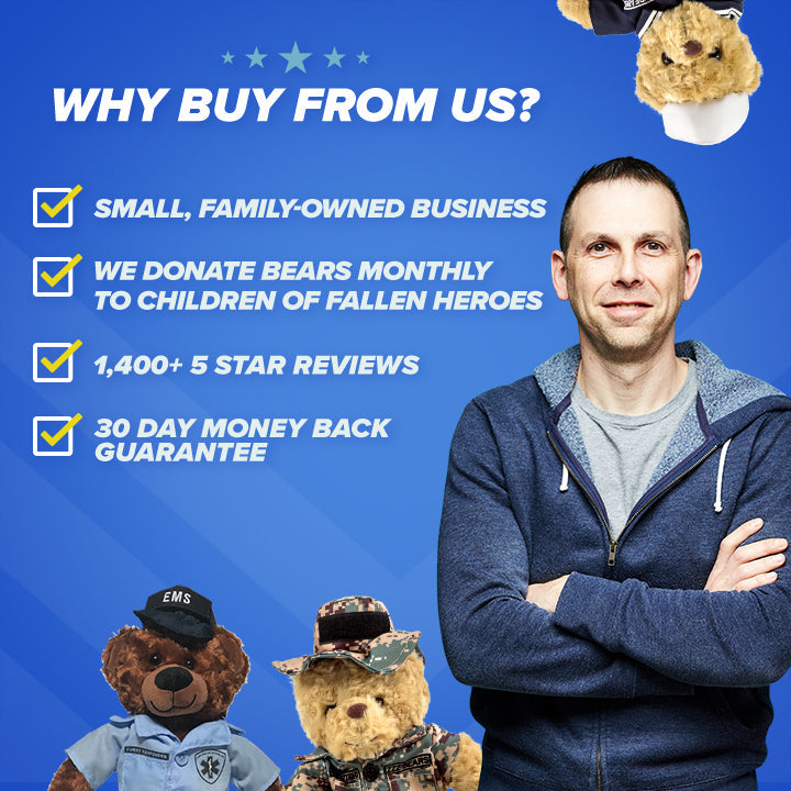 Man standing in front of a blue background with text about buying from a small, family-owned business and donating bears to fallen heroes.