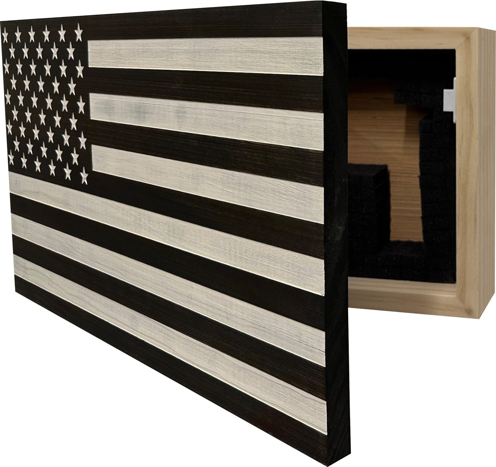 Wooden American flag wall art with black and white stripes