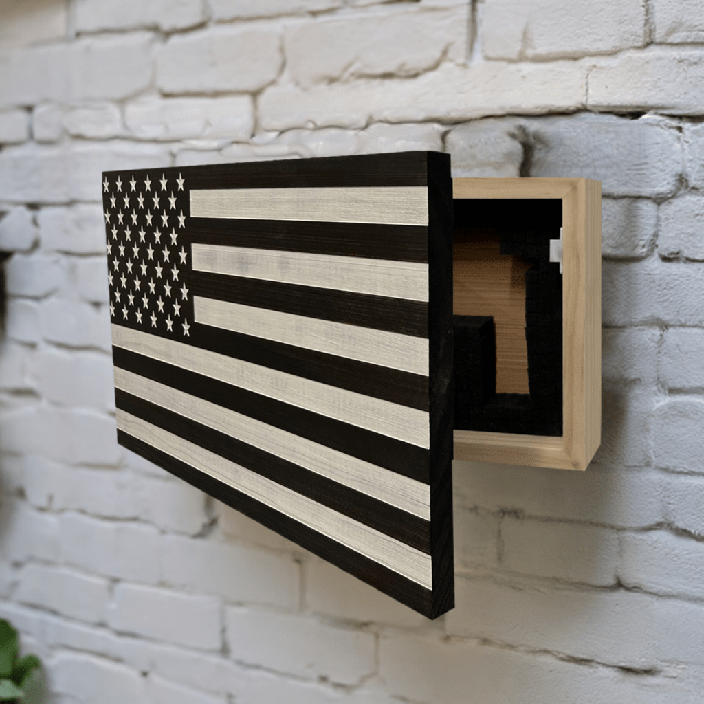 Wooden American flag wall art on a white brick wall