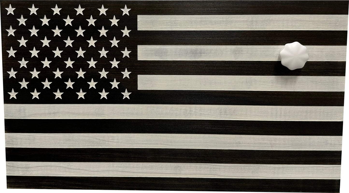 Wooden American flag with a white dot on a black background