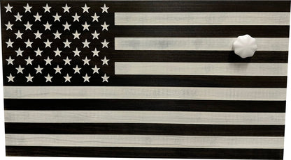 Wooden American flag with a white dot on a black background