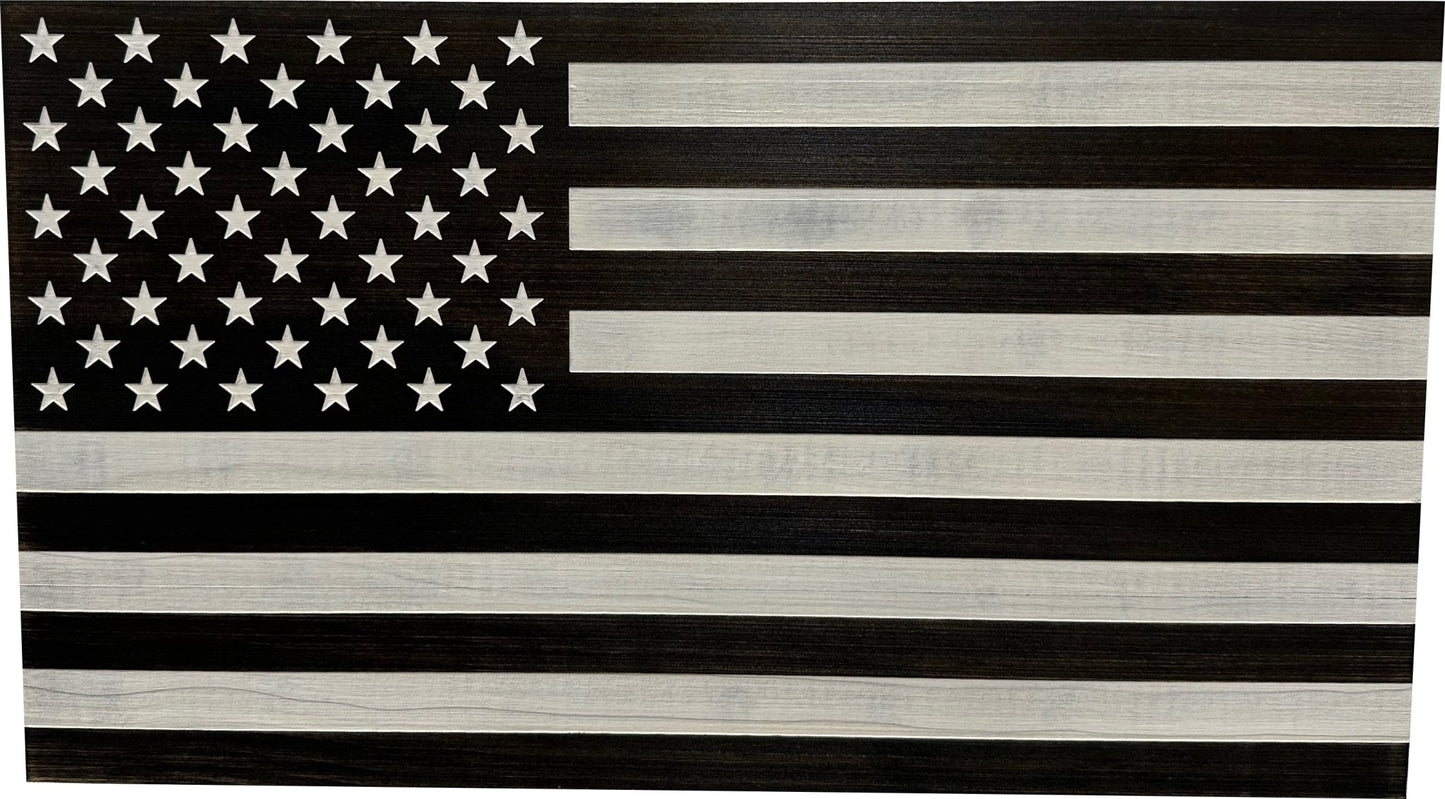 Wooden American flag with black and white stripes