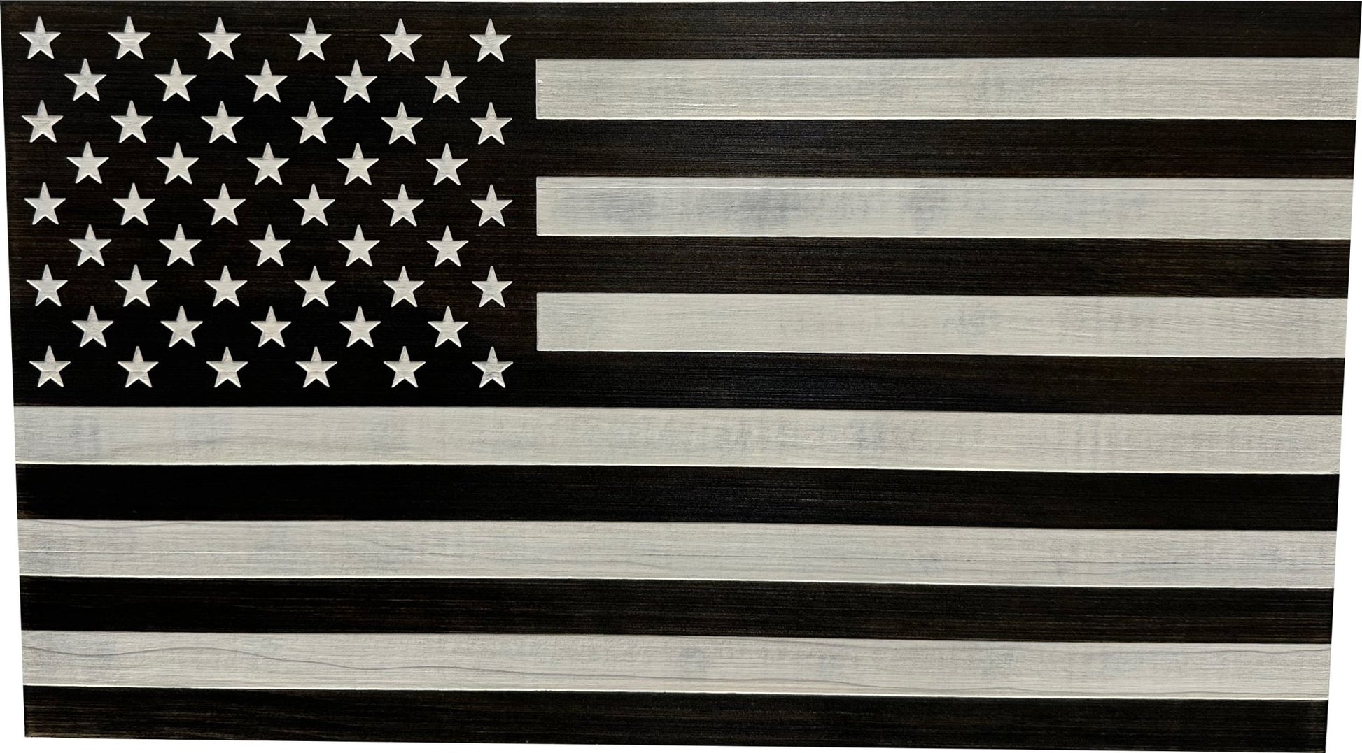 Wooden American flag with black and white stripes