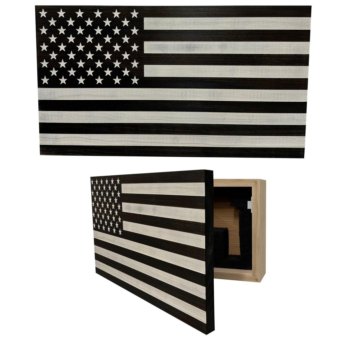 Wooden American flag with a box on a white background