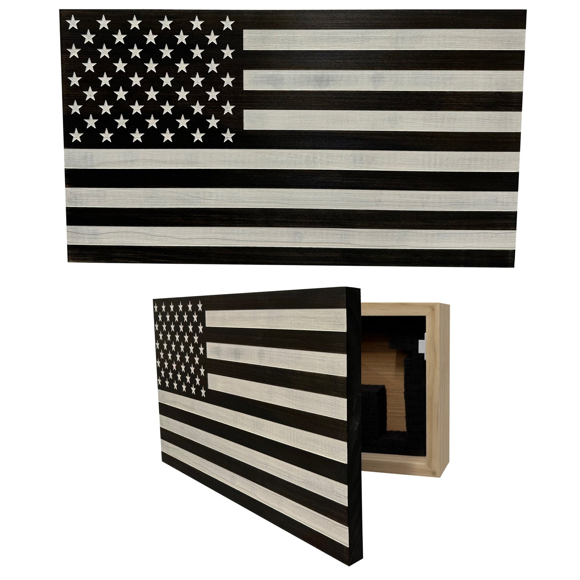 Wooden American flag with a box on a white background