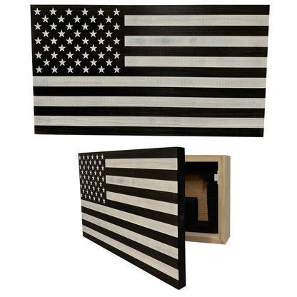 Wooden American flag with a box on a white background