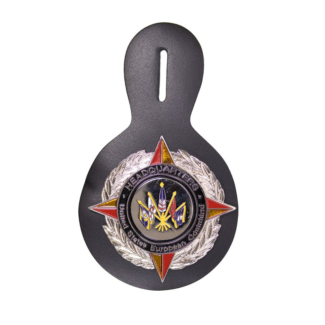 Army Badge: HQ-US European Command with black leather FOB- regulation size - Hooyah Woodworks LLC