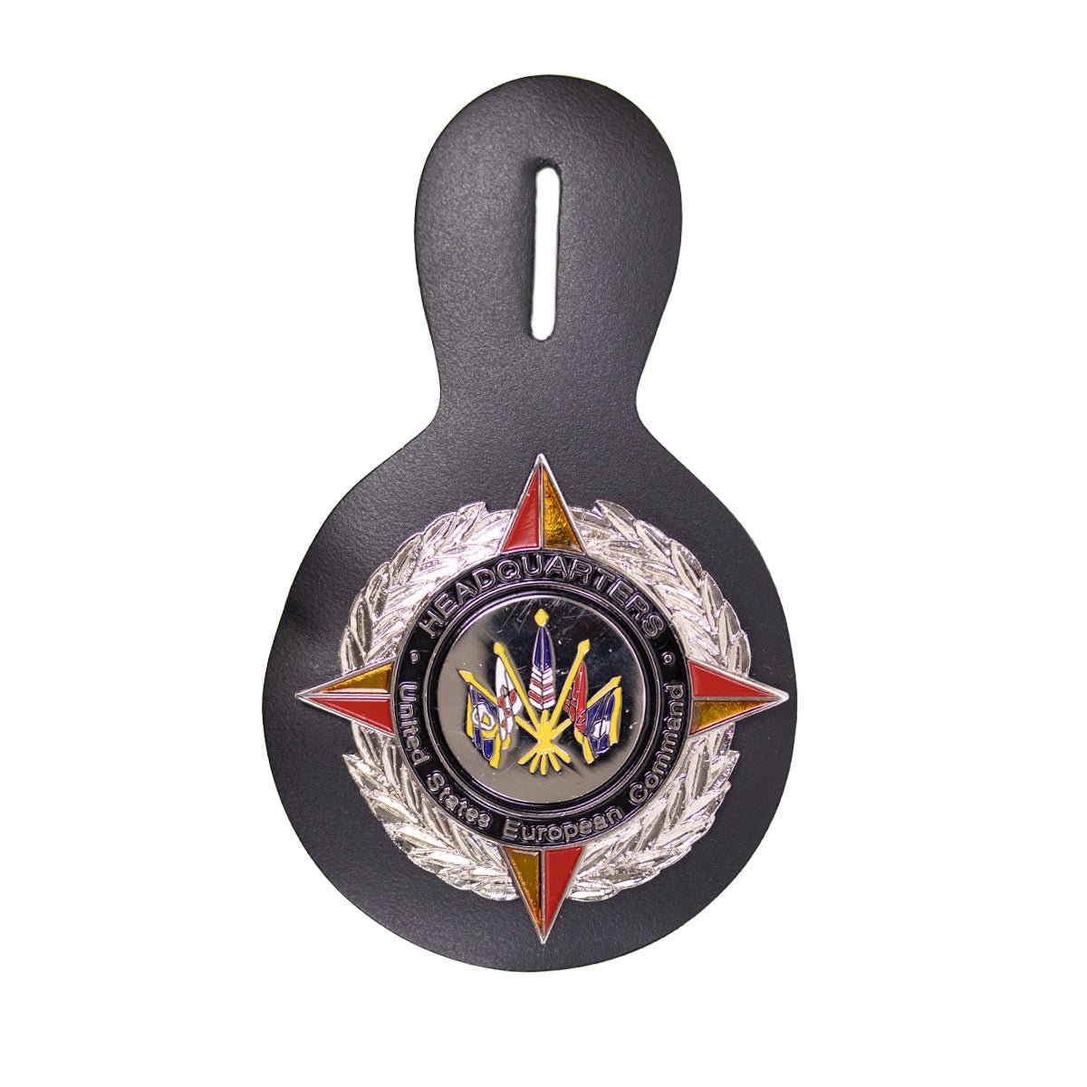 Army Badge: HQ-US European Command with black leather FOB- regulation size - Hooyah Woodworks LLC