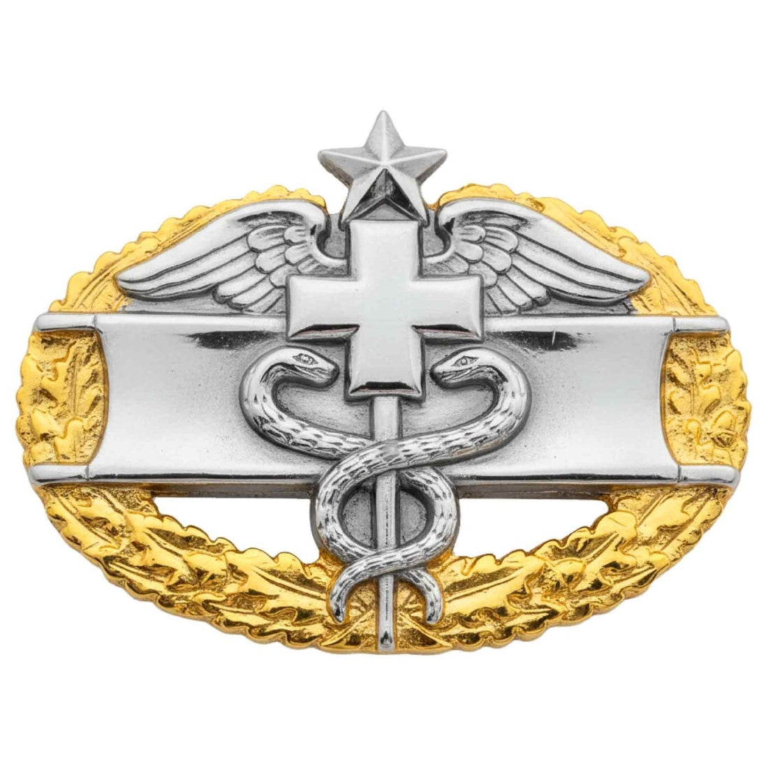 Army Badge: Master Combat Medical Second Award - regulation size, mirror finish with gold wreath - Hooyah Woodworks LLC