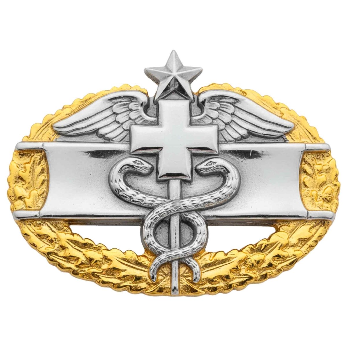 Army Badge: Master Combat Medical Second Award - regulation size, mirror finish with gold wreath - Hooyah Woodworks LLC