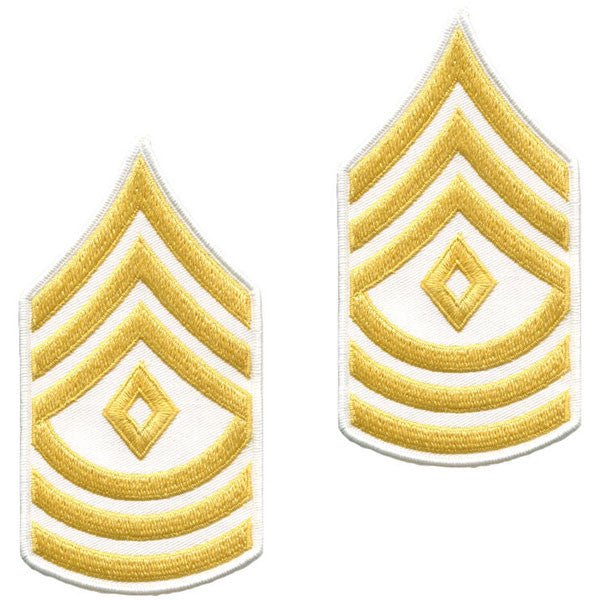 Army Chevron: First Sergeant - gold embroidered on white, male - Hooyah Woodworks LLC