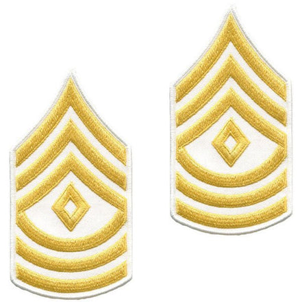 Army Chevron: First Sergeant - gold embroidered on white, male - Hooyah Woodworks LLC