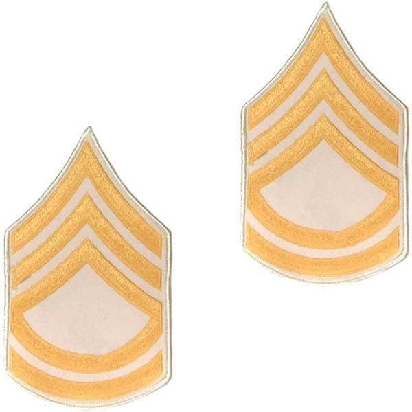 Army Chevron: Sergeant First Class - gold embroidered on white, male - Hooyah Woodworks LLC