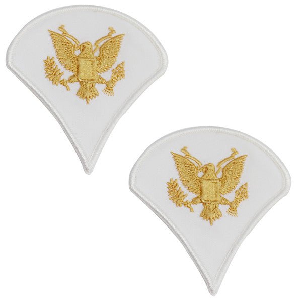 Army Chevron: Specialist 4 - gold embroidered on white, male - Hooyah Woodworks LLC
