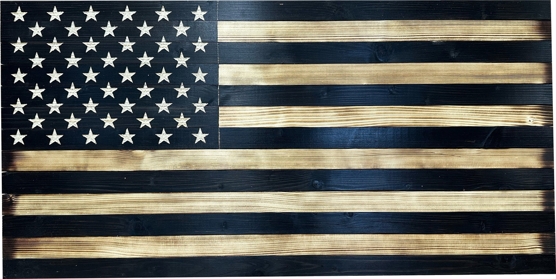 Wooden American flag with black and gold stripes